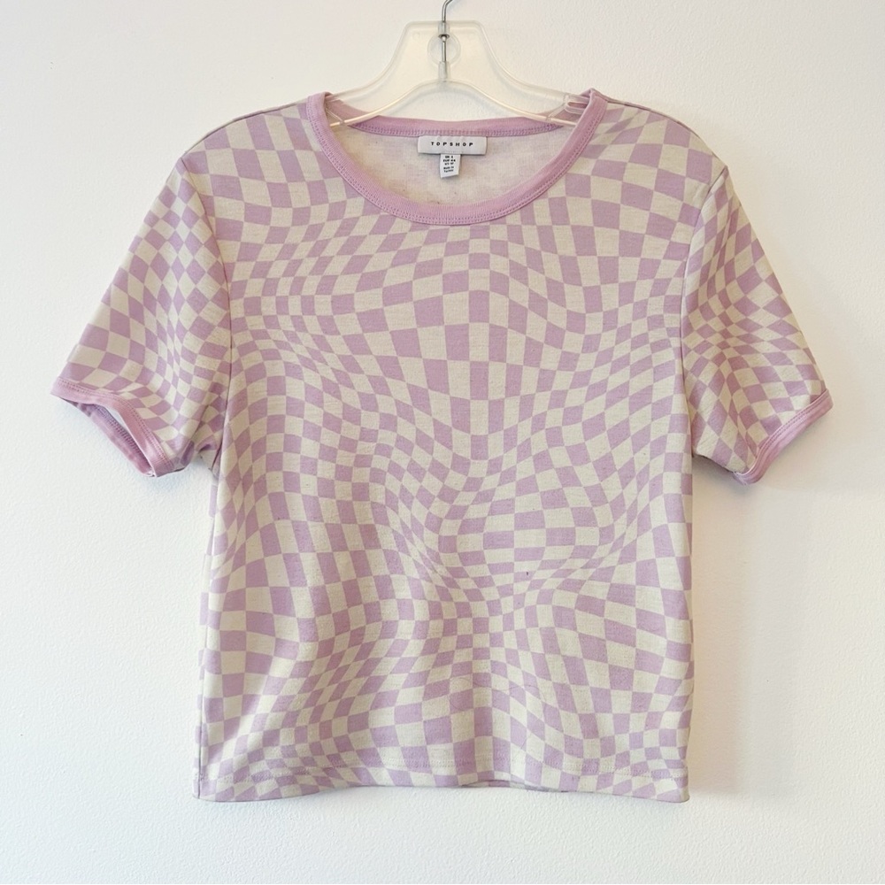 TOPSHOP Purple/Cream Warped Checkered Tee Top